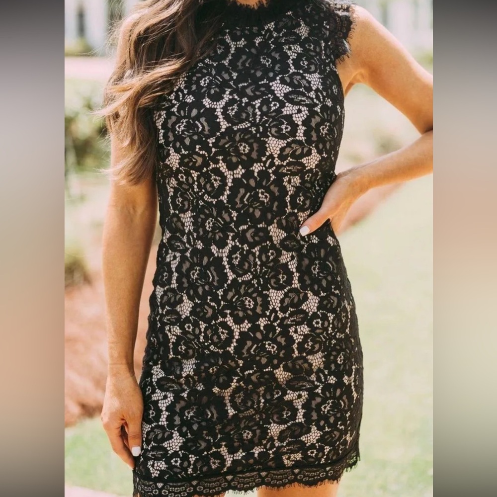 these three | hidden label | elegant black lace mockneck lace dress | size large